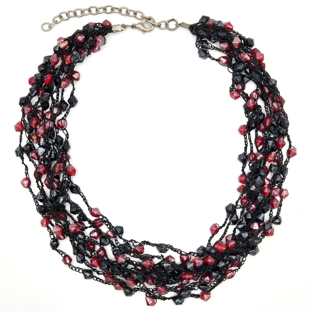 Red Black Multi Strand Handmade Beaded Crochet Bib Necklace Silver Tone Clasp‎